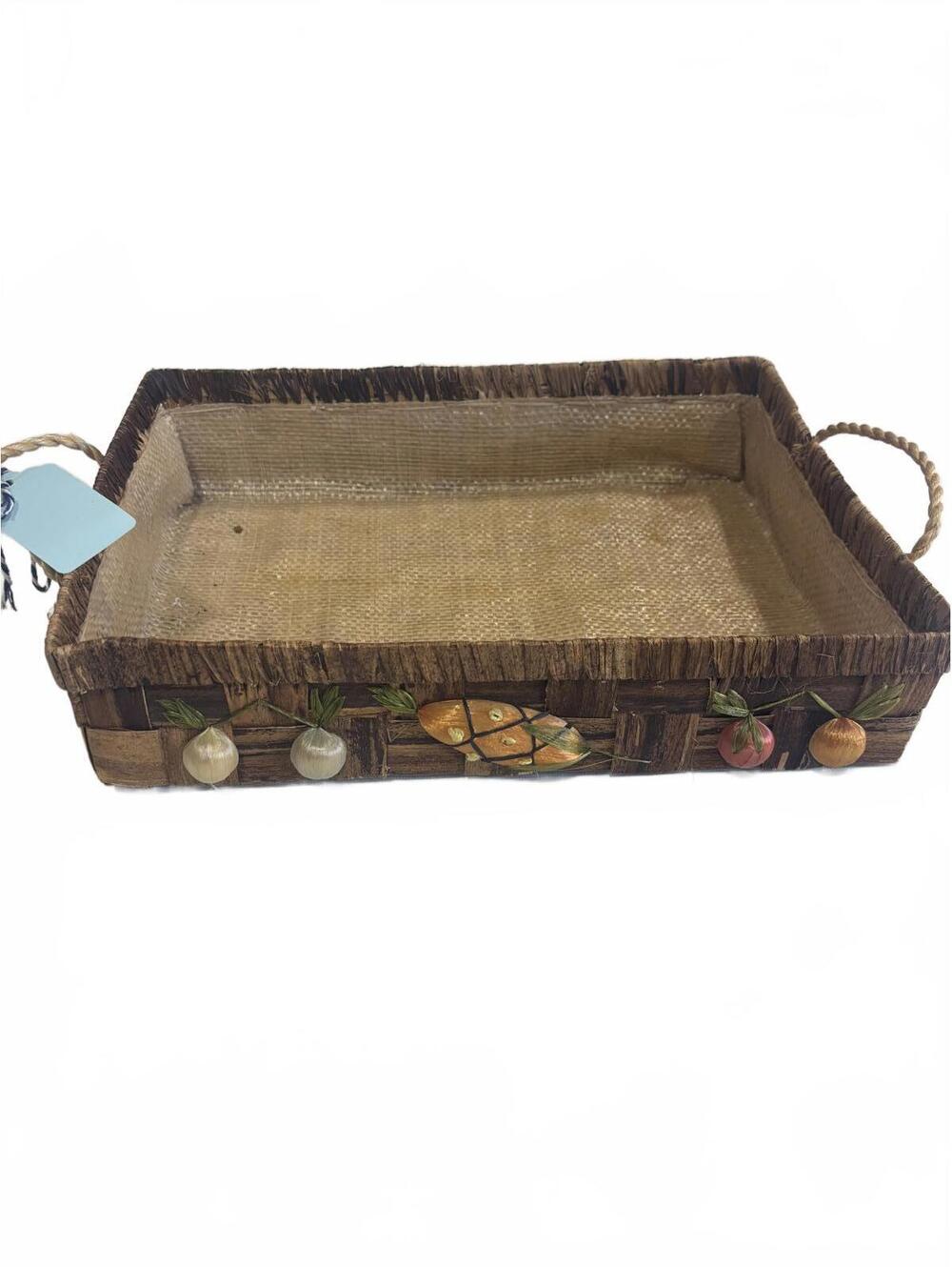 Handwoven Rectangular Wicker Basket Tray with Decorative Fruit Accents